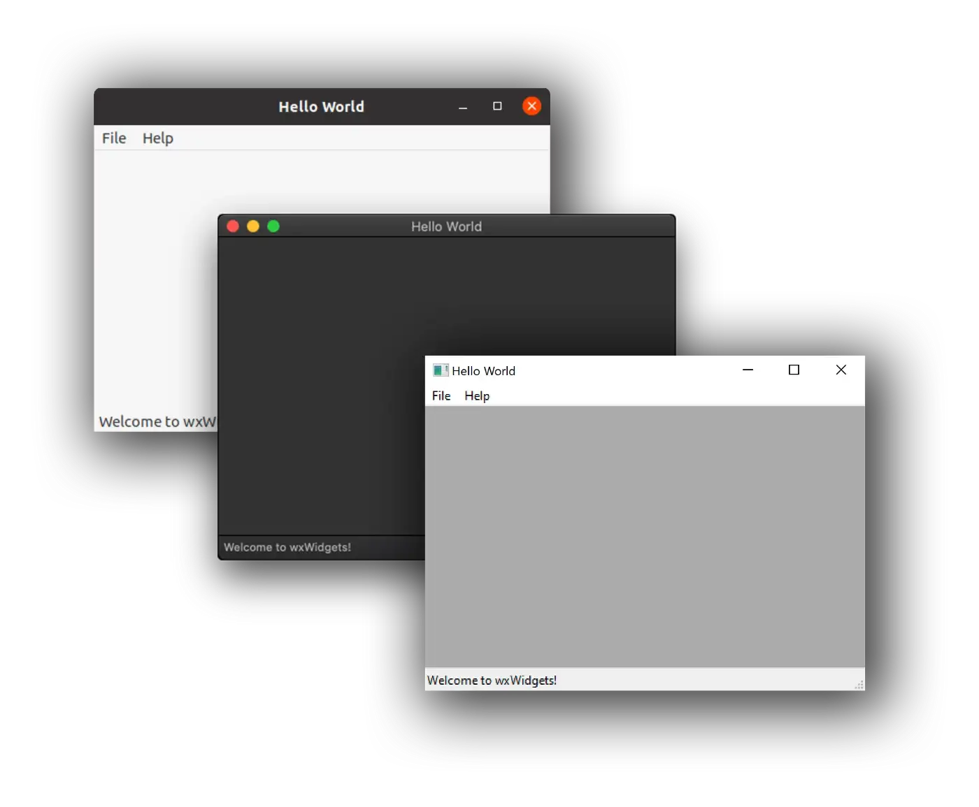 The wx_cmake_template app running on Windows, Linux, and macOS showing native look on each platform