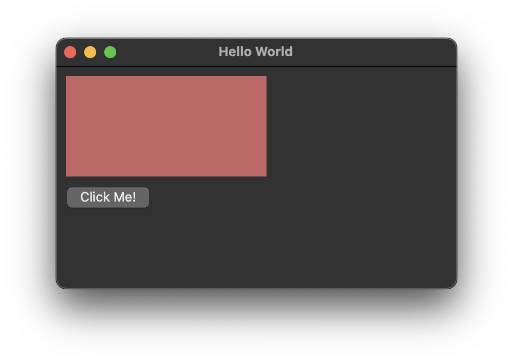 wxWidgets window with a red panel and Click Me button positioned using hardcoded pixel coordinates