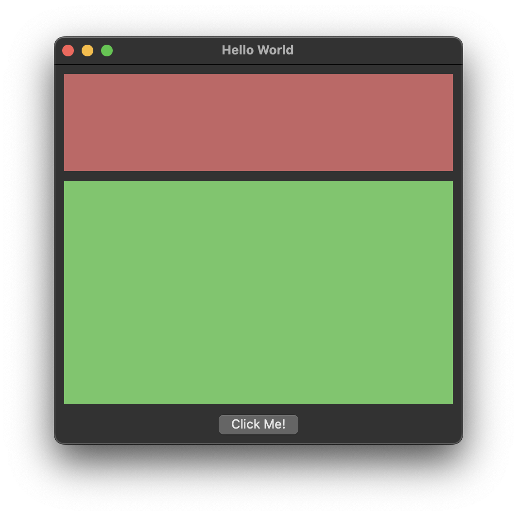 Vertical sizer with a red panel at proportion 1 and a green panel at proportion 2, showing a one-third to two-thirds split