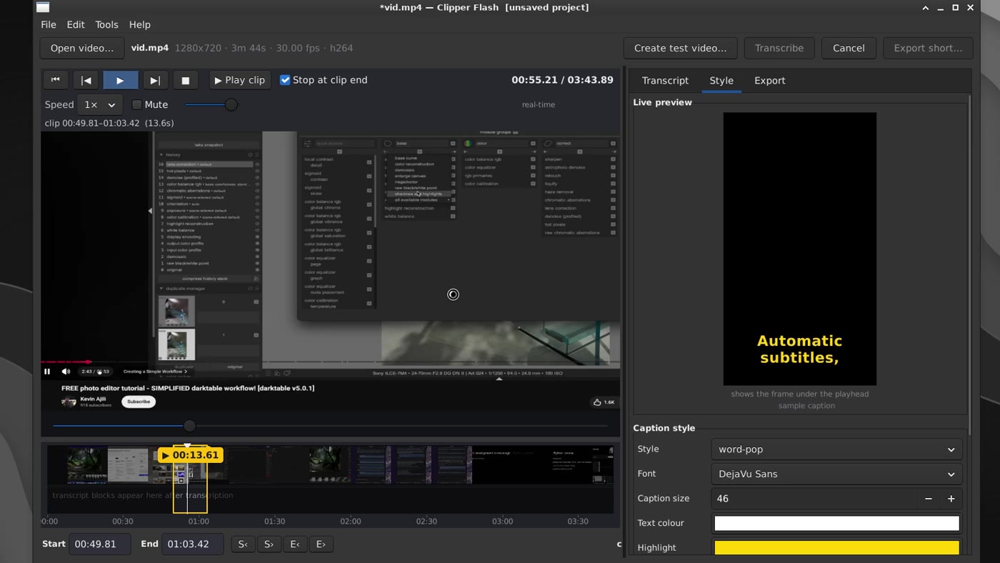The app V4.1 Flash built from the short prompt — note the Create test video button and the YouTube player inside the preview The Clipper Flash app from Test 1