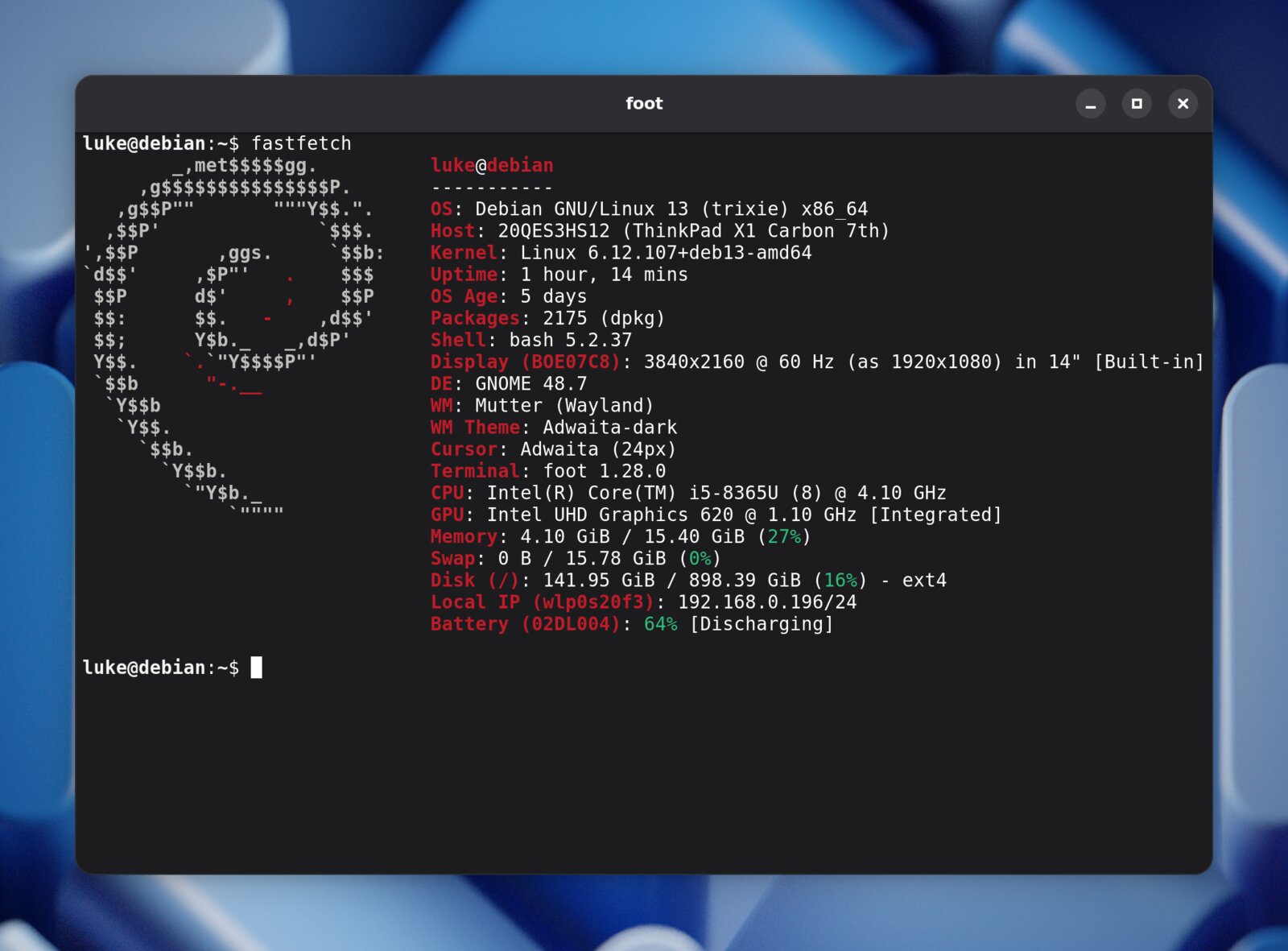 foot-adwaita running fastfetch on Debian 13 with GNOME 48