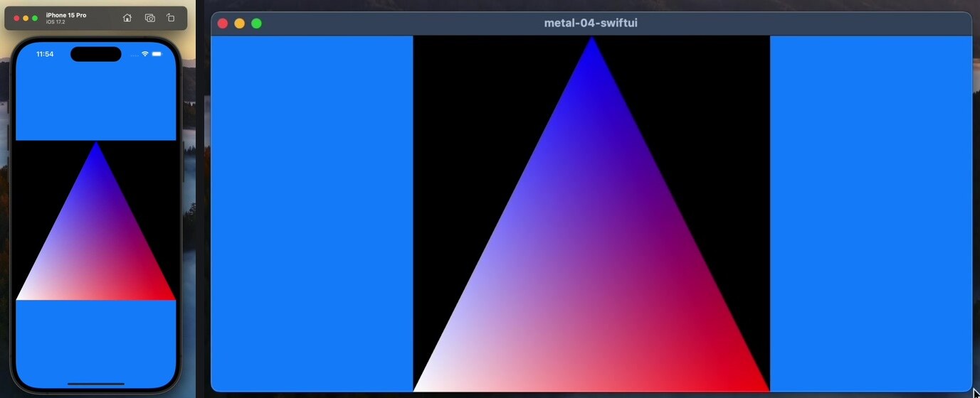 The same Metal triangle running in the iPhone simulator and in a Mac window