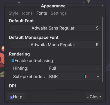 Appearance, Fonts tab, after setting DPI to 192: the text is huge, the checkbox is still small