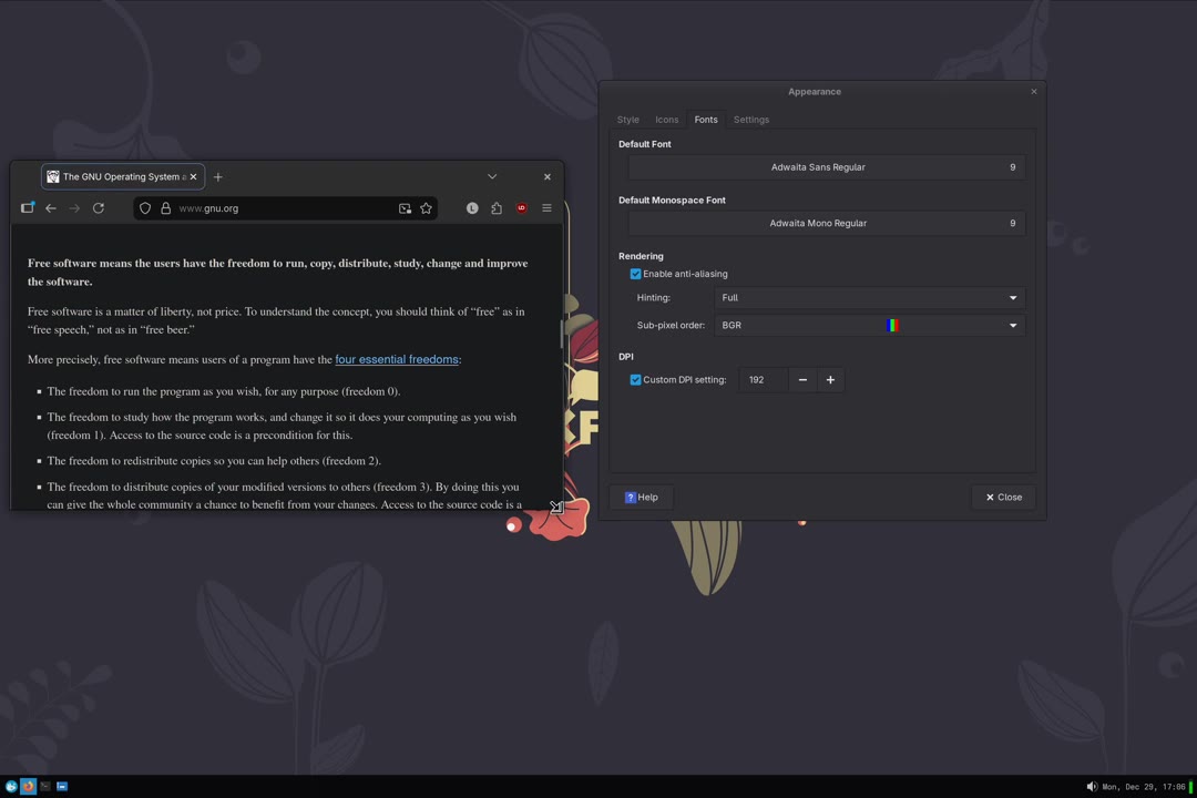 Firefox and the Appearance dialog after the fix, both at a consistent size