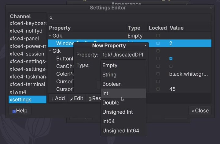 Settings Editor, xsettings channel: adding Gdk/UnscaledDPI with type Int