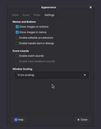 Appearance, Settings tab, with the Window Scaling dropdown